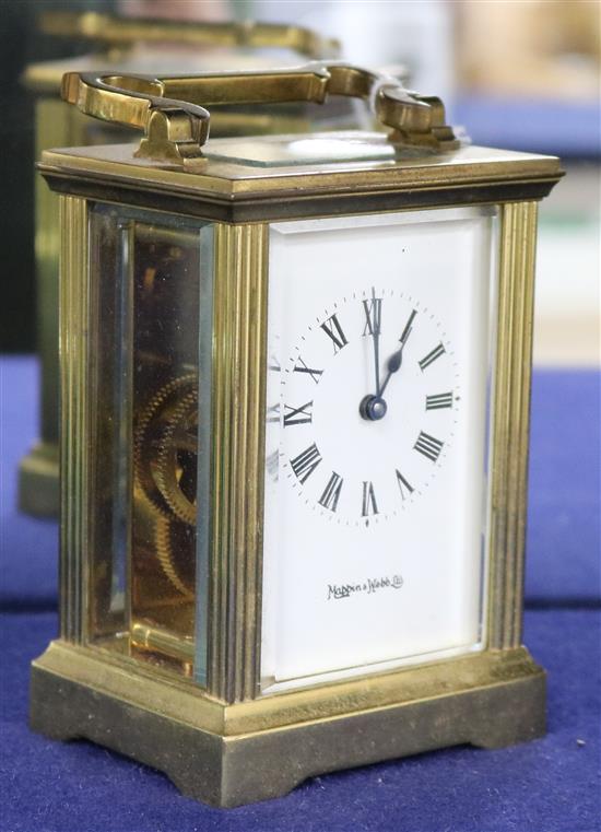 A Mappin & Webb gilt brass carriage timepiece with white enamelled dial, H 5.75in